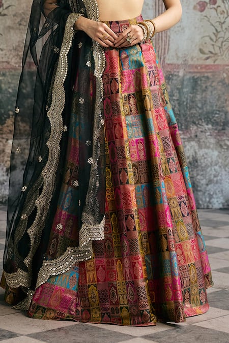 Shop_SAANJH BY LEA_Black Silk, Brocade Embroidery, Zari, Sequins Soundarya Banarasi Lehenga Set _Online_at_Aza_Fashions