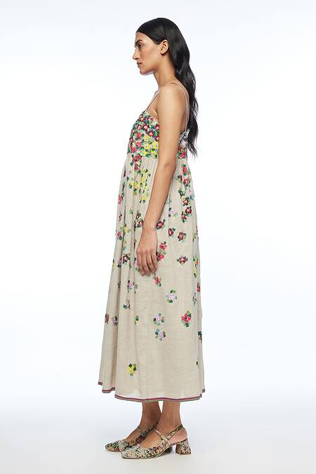Payal Pratap_Beige Handloom Cotton, Linen Applique, Embroidery Abstract Strappy Dress _Online_at_Aza_Fashions