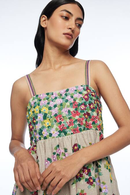 Shop_Payal Pratap_Beige Handloom Cotton, Linen Applique, Embroidery Abstract Strappy Dress _Online_at_Aza_Fashions