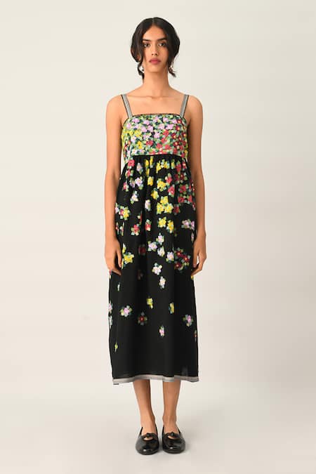Payal Pratap_Black Linen Applique, Embroidery Square Neck Multi Abstract Strappy Dress _Online_at_Aza_Fashions