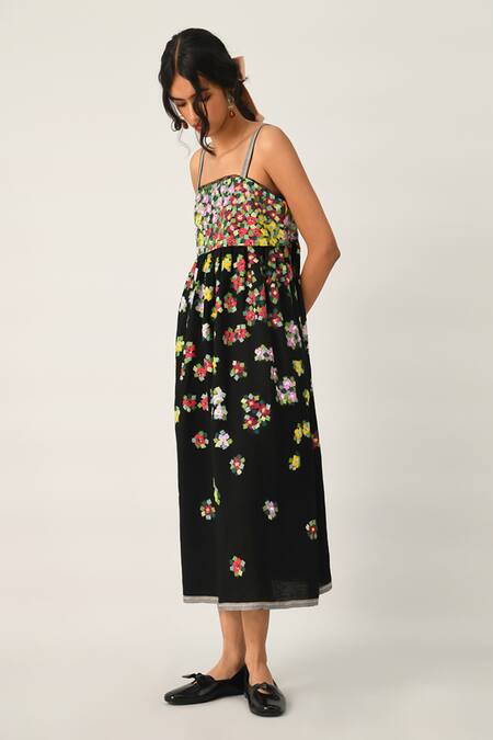 Buy_Payal Pratap_Black Linen Applique, Embroidery Square Neck Multi Abstract Strappy Dress _Online_at_Aza_Fashions