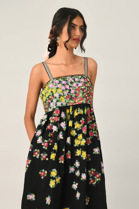Shop_Payal Pratap_Black Linen Applique, Embroidery Square Neck Multi Abstract Strappy Dress _Online_at_Aza_Fashions