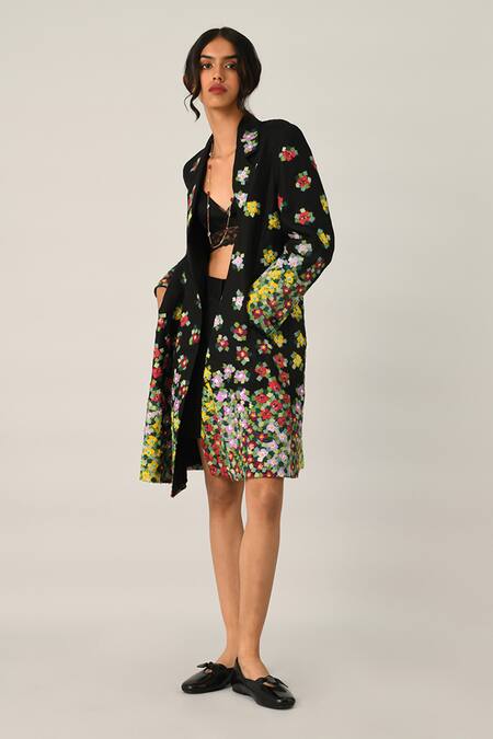 Payal Pratap_Black Linen Applique, Embroidery V-neck Multi Abstract Jacket _Online_at_Aza_Fashions