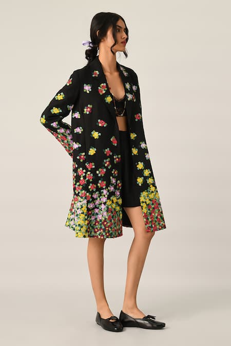 Buy_Payal Pratap_Black Linen Applique, Embroidery V-neck Multi Abstract Jacket _Online_at_Aza_Fashions