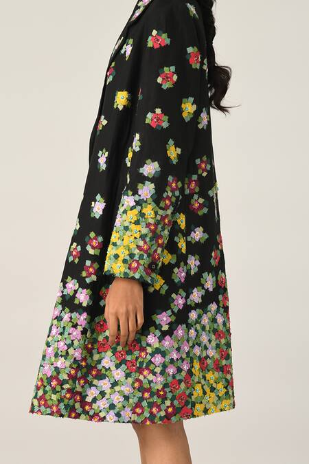 Shop_Payal Pratap_Black Linen Applique, Embroidery V-neck Multi Abstract Jacket _Online_at_Aza_Fashions
