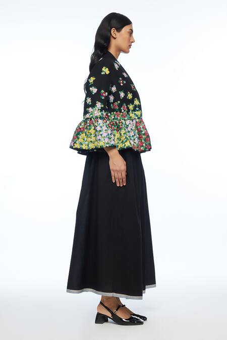Payal Pratap_Black Viscose, Linen Applique, Embroidery Open Neck Peplum Jacket _Online_at_Aza_Fashions