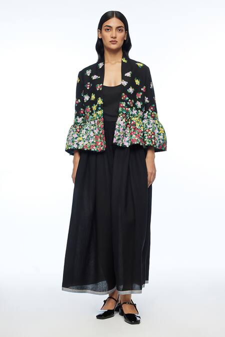 Buy_Payal Pratap_Black Viscose, Linen Applique, Embroidery Open Neck Peplum Jacket _Online_at_Aza_Fashions