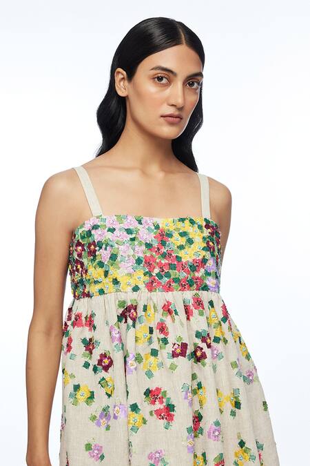 Payal Pratap_Beige Linen, Handloom Cotton Applique, Gracilipes Multi Abstract Strap Top _Online_at_Aza_Fashions