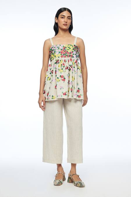 Shop_Payal Pratap_Beige Linen, Handloom Cotton Applique, Gracilipes Multi Abstract Strap Top _Online_at_Aza_Fashions