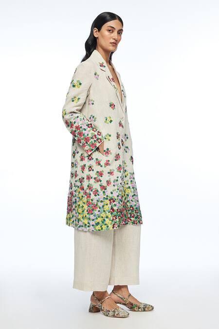 Payal Pratap_Beige Linen Applique, Embroidery V-neck Polliniana Multi Jacket _Online_at_Aza_Fashions