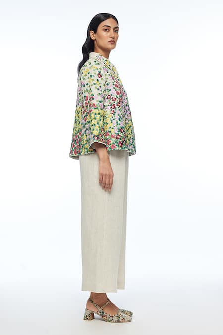 Payal Pratap_Beige Linen Applique, Embroidery Collared Jacket _Online_at_Aza_Fashions