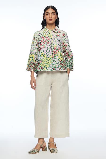 Buy_Payal Pratap_Beige Linen Applique, Embroidery Collared Jacket _Online_at_Aza_Fashions