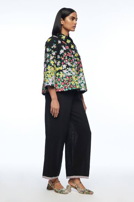 Payal Pratap_Black Linen Applique, Embroidery Collared Jacket _Online_at_Aza_Fashions