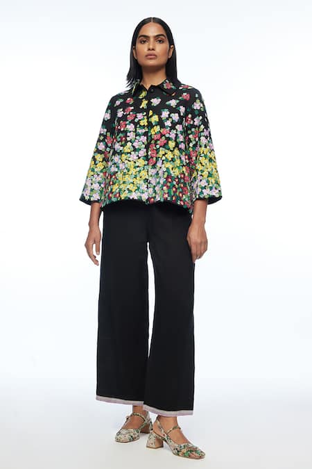 Buy_Payal Pratap_Black Linen Applique, Embroidery Collared Jacket _Online_at_Aza_Fashions