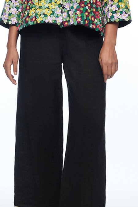 Shop_Payal Pratap_Black Linen Applique, Embroidery Collared Jacket _Online_at_Aza_Fashions