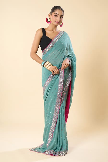 Mint N Oranges_Green Georgette Sequins Work Saree With Unstitched Blouse Piece _Online_at_Aza_Fashions