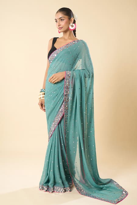 Buy_Mint N Oranges_Green Georgette Sequins Work Saree With Unstitched Blouse Piece _Online_at_Aza_Fashions