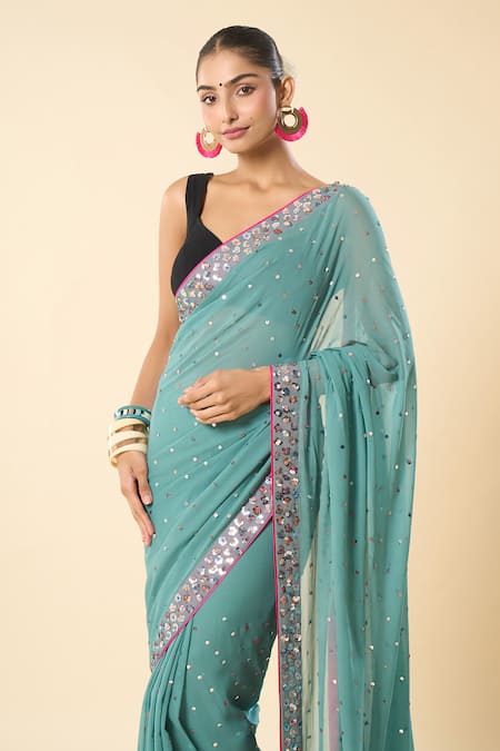 Shop_Mint N Oranges_Green Georgette Sequins Work Saree With Unstitched Blouse Piece _Online_at_Aza_Fashions