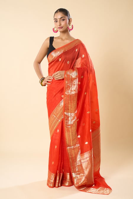 Shop_Mint N Oranges_Orange Organza Zari Floral Woven Saree With Unstitched Blouse Piece _Online_at_Aza_Fashions