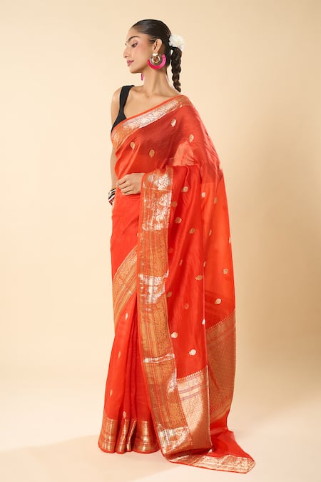 Mint N Oranges_Orange Organza Zari Floral Woven Saree With Unstitched Blouse Piece _at_Aza_Fashions