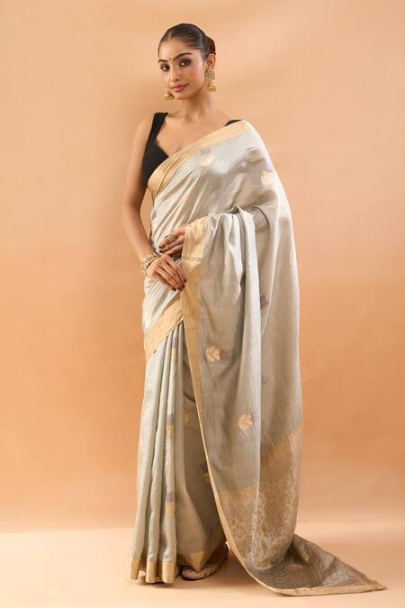 Buy_Mint N Oranges_Gray Satin, Silk Zari, Embroidery Handwoven Saree With Unstitched Blouse Piece _Online_at_Aza_Fashions