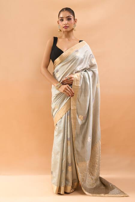 Shop_Mint N Oranges_Gray Satin, Silk Zari, Embroidery Handwoven Saree With Unstitched Blouse Piece _Online_at_Aza_Fashions