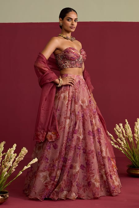 Meesa_Pink Organza Sequins, Beads, Embroidery, Applique Floral Print Lehenga Set _Online_at_Aza_Fashions