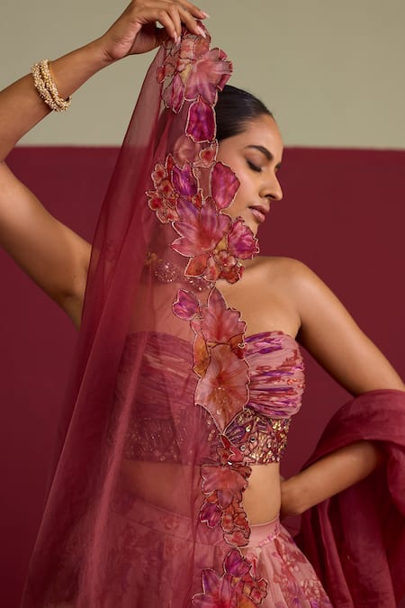 Buy_Meesa_Pink Organza Sequins, Beads, Embroidery, Applique Floral Print Lehenga Set _Online_at_Aza_Fashions