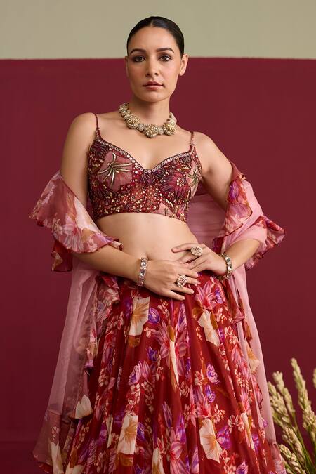Meesa_Red Georgette, Organza Embroidery, Sequins, Ruffles Flora Print Lehenga Set _Online_at_Aza_Fashions