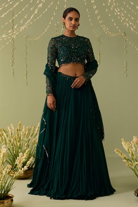 Meesa Green Embroidered Lehenga Set 