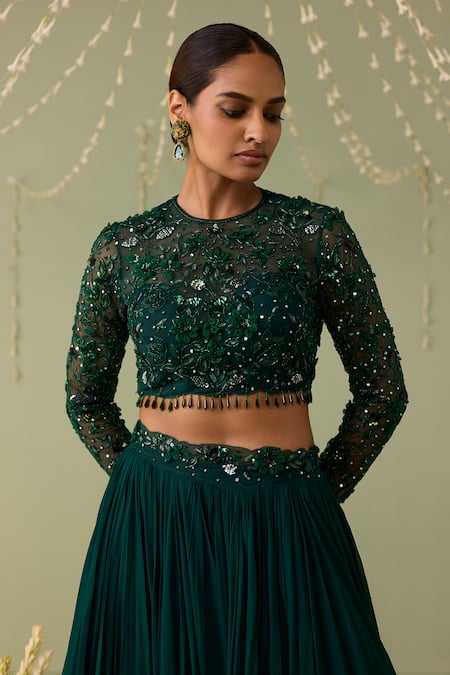 Meesa_Green Georgette, Net Embroidery, Sequins, Beads Round Neck Lehenga Set _Online_at_Aza_Fashions