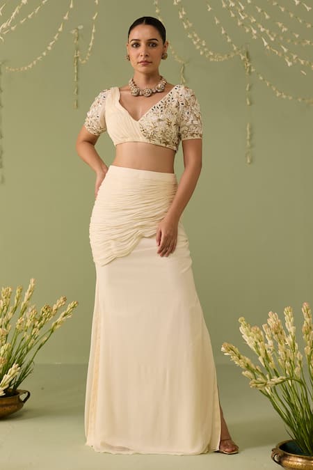 Meesa White Embroidered Skirt With Blouse 