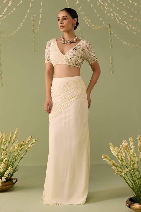 Meesa_Off White Georgette Embroidery, Mirrors V-neck Skirt With Blouse _Online_at_Aza_Fashions