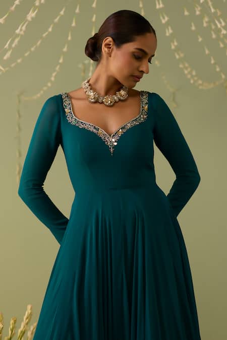 Meesa_Blue Georgette, Organza Embroidery Sweetheart Neck Anarkali With Dupatta _Online_at_Aza_Fashions