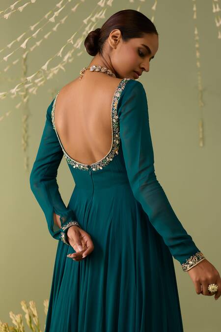 Shop_Meesa_Blue Georgette, Organza Embroidery Sweetheart Neck Anarkali With Dupatta _Online_at_Aza_Fashions