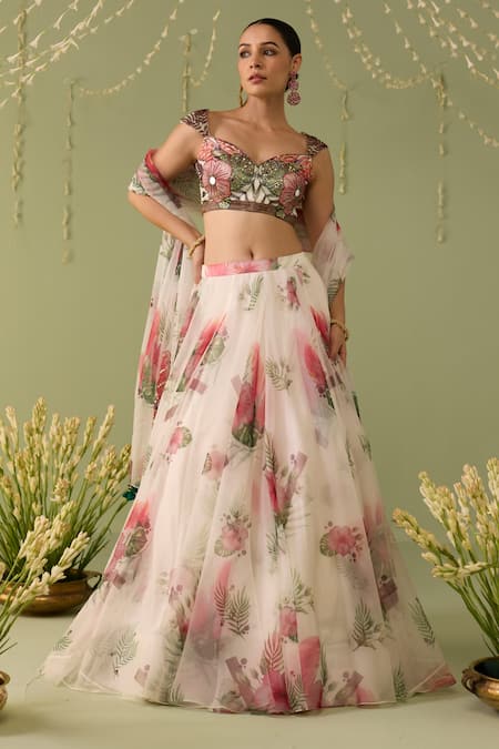 Meesa White Printed Organza Lehenga Set 