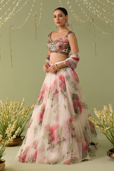 Buy_Meesa_White Organza Embroidery, Sequins, Tassels Sweetheart Neck Printed Lehenga Set _Online_at_Aza_Fashions