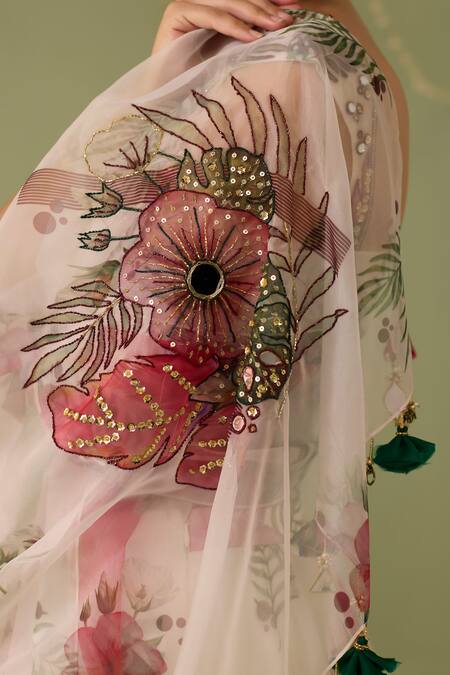 Shop_Meesa_White Organza Embroidery, Sequins, Tassels Sweetheart Neck Printed Lehenga Set _Online_at_Aza_Fashions