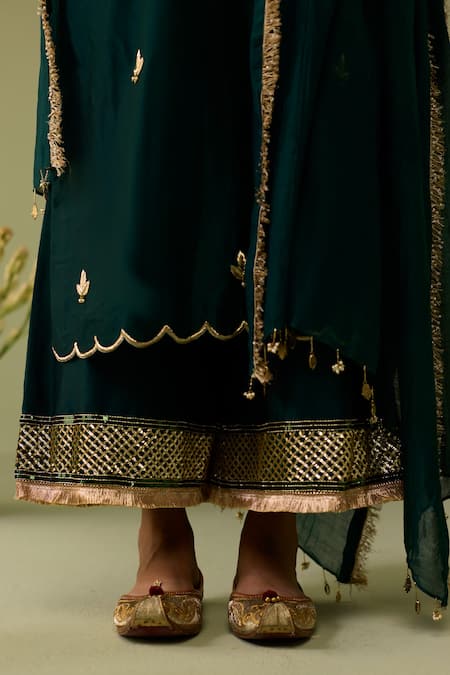 Shop Meesa Green Chanderi Silk Embroidery, Gota Patti, Tassels V-neck Hand Kurta Set Online at Aza Fashions Shop_Meesa_Green Chanderi Silk Embroidery, Gota Patti, Tassels V-neck Hand Kurta Set _Online_at_Aza_Fashions