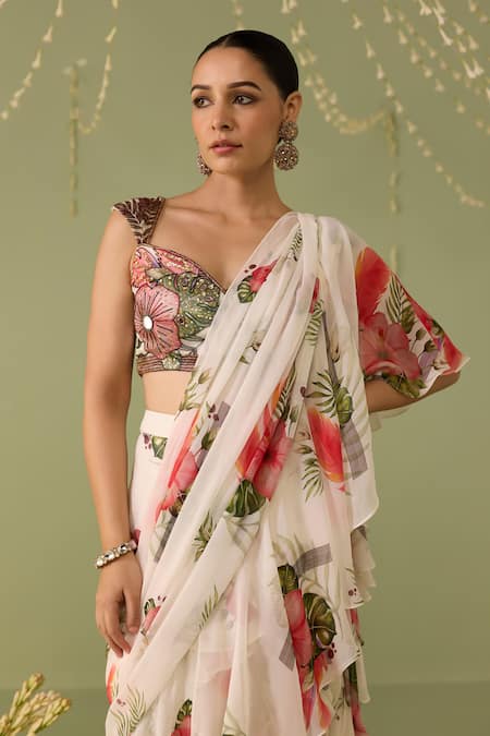 Meesa_White Georgette, Organza Embroidery Printed Pre-draped Saree With Blouse _Online_at_Aza_Fashions