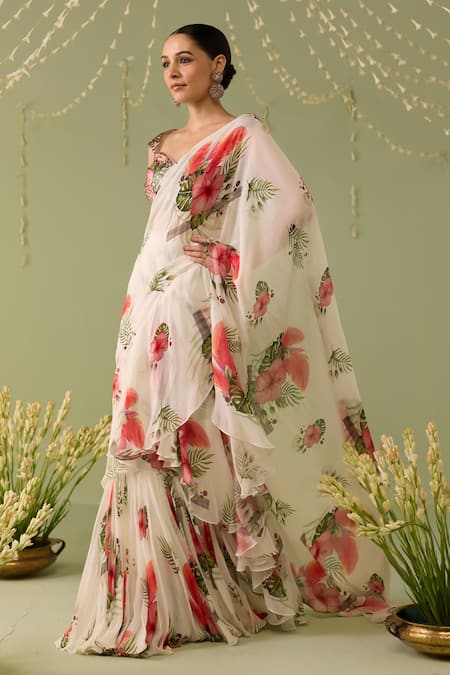 Buy_Meesa_White Georgette, Organza Embroidery Printed Pre-draped Saree With Blouse _Online_at_Aza_Fashions