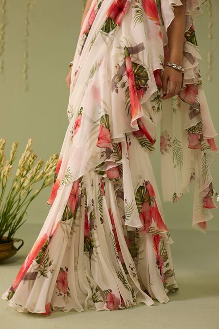 Shop_Meesa_White Georgette, Organza Embroidery Printed Pre-draped Saree With Blouse _Online_at_Aza_Fashions