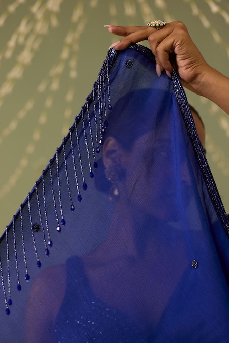 Buy_Meesa_Blue Chinon, Chiffon, Crepe Beads Round Embroidered Pre-draped Saree With Blouse _Online_at_Aza_Fashions
