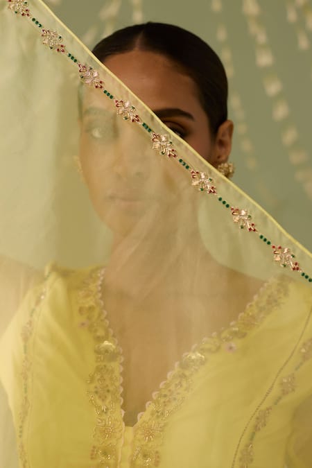 Meesa_Yellow Organza Embroidery, Sequins, Beads Split V-neck Hand Sharara Set _Online_at_Aza_Fashions