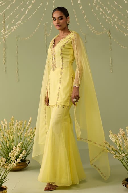 Buy_Meesa_Yellow Organza Embroidery, Sequins, Beads Split V-neck Hand Sharara Set _Online_at_Aza_Fashions
