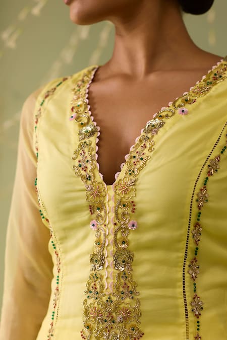 Shop_Meesa_Yellow Organza Embroidery, Sequins, Beads Split V-neck Hand Sharara Set _Online_at_Aza_Fashions