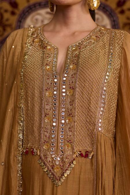 Shop_Meesa_Brown Chanderi Silk Embroidery, Mirrors Split V-neck Hand Kurta Set _Online_at_Aza_Fashions
