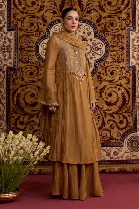 Meesa_Brown Chanderi Silk Embroidery, Mirrors Split V-neck Hand Kurta Set _at_Aza_Fashions