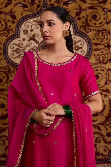 Meesa Pink Chanderi Silk Embroidery, Sequins, Zari, Gota Patti Round Neck Kurta Set Online at Aza Fashions Meesa_Pink Chanderi Silk Embroidery, Sequins, Zari, Gota Patti Round Neck Kurta Set _Online_at_Aza_Fashions