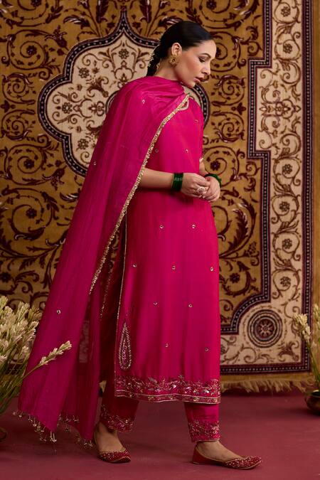 Shop Meesa Pink Chanderi Silk Embroidery, Sequins, Zari, Gota Patti Round Neck Kurta Set Online at Aza Fashions Shop_Meesa_Pink Chanderi Silk Embroidery, Sequins, Zari, Gota Patti Round Neck Kurta Set _Online_at_Aza_Fashions